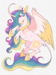 Size: 1280x1707 | Tagged: safe, artist:wanderingpegasus, imported from derpibooru, princess celestia, alicorn, pony, alternate hairstyle, blue background, chest fluff, curved horn, cute, cutelestia, facial hair, female, freckles, goatee, hoof shoes, horn, jewelry, leonine tail, mare, markings, regalia, simple background, solo, tail