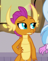 Size: 547x686 | Tagged: safe, imported from derpibooru, screencap, silverstream, smolder, classical hippogriff, dragon, hippogriff, season 8, the hearth's warming club, spoiler:s08, cropped, dragoness, female, hand on hip, offscreen character, smolder is not amused, solo focus, unamused