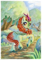 Size: 841x1200 | Tagged: safe, artist:maytee, imported from derpibooru, autumn blaze, kirin, awwtumn blaze, butt, colored pencil drawing, cute, forest, looking at you, looking back, looking back at you, path, plot, rock, smiling, solo, traditional art, tree
