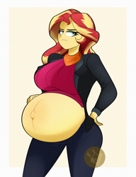 Size: 2000x2600 | Tagged: safe, artist:diamondgreenanimat0, imported from derpibooru, sunset shimmer, human, comic:inner thoughts, equestria girls, belly, belly blush, belly button, big belly, breasts, busty sunset shimmer, clothes, female, hand on hip, looking up, outie belly button, pregnant, red hair, redraw, simple background, sunset preggers, yellow hair