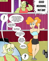 Size: 2096x2599 | Tagged: safe, artist:matchstickman, imported from derpibooru, granny smith, pear butter, anthro, comic:the other side, barn, clothes, comic, dumbbell (object), female, granny smash, mare, muscles, muscular female, pear buffer, teenager, weights, young granny smith, younger