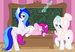 Size: 1280x900 | Tagged: safe, artist:mommymidday, imported from derpibooru, oc, oc only, oc:hooklined, oc:mantra, oc:mommy midday, earth pony, pony, unicorn, abdl, adult foal, alternate color palette, blushing, chalk, chalkboard, class, classroom, commission, desk, diaper, diaper change, diaper fetish, embarrassed, female, fetish, humiliation, lying down, magic, magic aura, non-baby in diaper, on back, pointer, show accurate, signature, teacher, telekinesis, trio, trio female