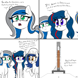 Size: 4037x4037 | Tagged: safe, artist:seafooddinner, imported from derpibooru, oc, oc only, oc:boeingpone, oc:nasapone, oc:ulapone, earth pony, pony, 4 panel comic, clothes, comic, dialogue, female, glasses, hard hat, hat, mare, nasa, rocket, simple background, sls