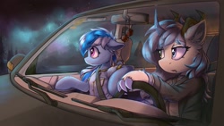 Size: 2560x1440 | Tagged: safe, artist:dashravist, artist:ravistdash, imported from derpibooru, oc, oc only, oc:ravist, oc:sharlight twiler, original species, pony, car, driving, duo, night