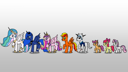 Size: 1920x1080 | Tagged: safe, artist:platinumdrop, imported from derpibooru, apple bloom, princess celestia, princess luna, scootaloo, sweetie belle, oc, oc:asteroid angus, oc:tarka dal, cutie mark crusaders, dancing, gradient background, request, simple background, спрауты