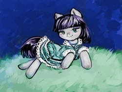 Size: 1233x928 | Tagged: safe, artist:kovoranu, imported from derpibooru, maud pie, earth pony, pony, clothes, cute, dress, lying down, prone, smiling, solo, when she smiles