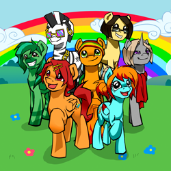 Size: 1969x1969 | Tagged: safe, artist:mraccoon, imported from derpibooru, oc, oc only, oc:alios, oc:chaos angel, earth pony, pegasus, pony, unicorn, zebra, beanie, bronikoni, clothes, group, hat, jewelry, rainbow, scarf