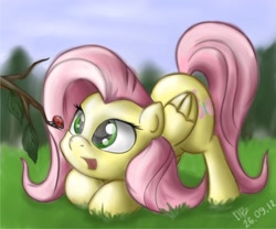 Size: 1800x1500 | Tagged: safe, artist:bessovestniy, imported from derpibooru, fluttershy, insect, ladybug, pegasus, pony, cute, daaaaaaaaaaaw, face down ass up, female, looking at something, mare, open mouth, shyabetes, solo