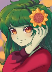 Size: 900x1250 | Tagged: safe, artist:rileyav, imported from derpibooru, wallflower blush, human, equestria girls, blushing, cute, female, flower, flower in hair, flowerbetes, looking at you, smiling, smiling at you, solo, sunflower