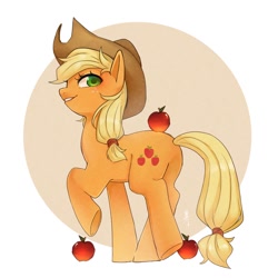 Size: 1700x1700 | Tagged: safe, artist:hosikawa, imported from derpibooru, applejack, earth pony, pony, abstract background, apple, applejack's hat, butt, cowboy hat, female, food, freckles, hat, looking at you, looking back, looking back at you, mare, plot, raised hoof, simple background, solo, underhoof, white background