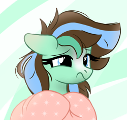 Size: 1829x1718 | Tagged: safe, imported from derpibooru, oc, oc only, oc:mint sky, pegasus, pony, blanket, brown hair, cute, female, floppy ears, mare, pegasus oc, sad, solo