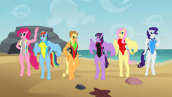 Size: 1280x722 | Tagged: safe, artist:mlp-headstrong, imported from derpibooru, applejack, fluttershy, pinkie pie, rainbow dash, rarity, twilight sparkle, alicorn, anthro, pegasus, unguligrade anthro, unicorn, beach, clothes, mane six, one-piece swimsuit, requested art, smiling, swimsuit, twilight sparkle (alicorn)