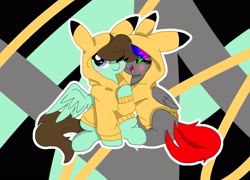 Size: 2048x1476 | Tagged: safe, artist:kittyrosie, edit, imported from derpibooru, oc, oc only, oc:mint sky, oc:star carmel, pegasus, pikachu, pony, blue eyes, blushing, brown hair, brown tail, clothes, duo, eyes closed, female, happy, hoodie, hooves, love, male, mare, pegasus oc, pikachu hoodie, pokémon, red tail, sitting, stallion, tail, wings