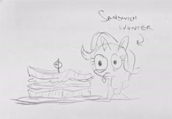 Size: 2048x1414 | Tagged: safe, artist:horsewizardart, imported from derpibooru, trixie, pony, unicorn, female, food, grayscale, kitchen eyes, mare, monochrome, pencil drawing, sandwich, sketch, solo, text, tongue out, traditional art