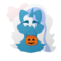 Size: 500x500 | Tagged: safe, artist:nerdy-katt, imported from derpibooru, oc, oc:fleurbelle, alicorn, pony, alicorn oc, bow, eyes closed, female, hair bow, horn, mare, mouth hold, pumpkin bucket, simple background, solo, transparent background, wings