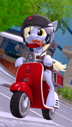 Size: 2160x3840 | Tagged: safe, artist:owlpirate, imported from derpibooru, derpy hooves, pegasus, pony, 3d, 4k, cute, delivery pony, derpabetes, driving, female, food, grin, helmet, high res, mare, moped, mouth hold, pizza, smiling, solo, source filmmaker, tail, vehicle, windswept tail