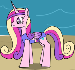 Size: 1588x1489 | Tagged: safe, artist:platinumdrop, imported from derpibooru, princess cadance, alicorn, pony, beach, clothes, cropped, female, folded wings, mare, missing accessory, one-piece swimsuit, solo, swimsuit, wings