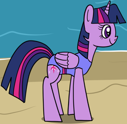 Size: 1306x1281 | Tagged: safe, artist:platinumdrop, imported from derpibooru, twilight sparkle, alicorn, pony, beach, clothes, cropped, female, folded wings, mare, one-piece swimsuit, solo, swimsuit, twilight sparkle (alicorn), wings