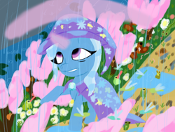 Size: 2048x1536 | Tagged: safe, artist:the crystal artist, derpibooru exclusive, imported from derpibooru, trixie, dragonfly, frog, insect, pony, unicorn, cape, cherry blossoms, clothes, female, flower, flower blossom, glowing, glowing horn, hat, horn, mare, puddle, rain, trixie's cape, trixie's hat, water, wet, wet mane