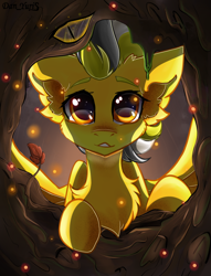 Size: 820x1075 | Tagged: safe, artist:yuris, imported from derpibooru, oc, oc only, oc:storm surge, firefly (insect), insect, pegasus, pony, commission, cute, forest, hollow, orange eyes, pegasus oc, smiling, solo, wood, ych result, yellow skin