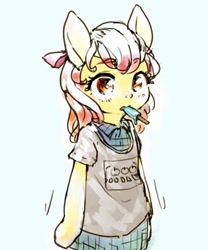 Size: 999x1200 | Tagged: safe, artist:toki, imported from derpibooru, apple bloom, earth pony, semi-anthro, clothes, female, filly, foal, food, ice cream, shirt, simple background, solo, t-shirt, white background