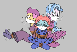 Size: 2172x1455 | Tagged: safe, artist:bugssonicx, imported from derpibooru, ocellus, silverstream, smolder, human, equestria girls, bondage, bound and gagged, bound together, cloth gag, clothes, crying, emanata, equestria girls-ified, female, footed sleeper, footie pajamas, gag, help us, nightgown, onesie, over the nose gag, pajamas, rope, rope bondage, struggling, tied up, trio, trio female