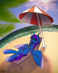 Size: 3180x4000 | Tagged: safe, artist:kainy, imported from derpibooru, oc, oc only, alicorn, pegasus, pony, unicorn, alicorn oc, commission, concave belly, crossed legs, drink, drinking, drinking straw, hoof hold, hooves behind head, horn, sand, slim, spread wings, thin, umbrella, wings