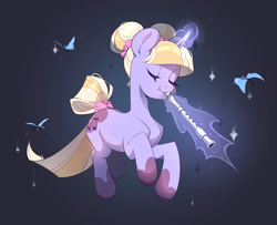 Size: 2000x1623 | Tagged: safe, artist:ziliya, imported from derpibooru, oc, oc only, butterfly, pony, unicorn, eyes closed, female, flute, glowing, glowing horn, hair bun, horn, magic, mare, musical instrument, recorder, solo, tail, tail wrap, telekinesis