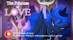 Size: 1000x556 | Tagged: safe, artist:lummh, artist:regendary, imported from derpibooru, princess cadance, princess luna, alicorn, pony, comic:the princess of love, advertisement, ethereal mane, female, jewelry, mare, patreon, patreon logo, patreon preview, regalia, speech bubble