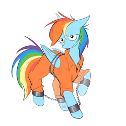 Size: 2000x2000 | Tagged: safe, artist:imd00g, imported from derpibooru, rainbow dash, pegasus, pony, bound wings, clothes, commission, cuffs, never doubt rainbowdash69's involvement, prison outfit, prisoner, prisoner rd, simple background, solo, white background, wings