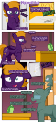 Size: 1920x4200 | Tagged: safe, artist:alexdti, imported from derpibooru, oc, oc only, oc:dark purple, oc:purple creativity, earth pony, frog, pegasus, pony, comic:the dark purple, bald, chest fluff, comic, dialogue, door, earth pony oc, eyes closed, folded wings, glasses, high res, letter, lidded eyes, male, onomatopoeia, open mouth, open smile, pegasus oc, pinpoint eyes, raised hoof, smiling, speech bubble, stallion, unshorn fetlocks, wings