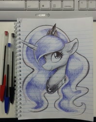 Size: 918x1158 | Tagged: safe, artist:whiskeypanda, imported from derpibooru, princess luna, alicorn, pony, ballpoint pen, bust, crown, doodle, jewelry, lined paper, looking at you, notepad, paper, regalia, sketch, smiling, solo, traditional art