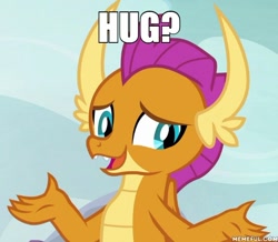 Size: 600x523 | Tagged: safe, edit, edited screencap, imported from derpibooru, screencap, smolder, dragon, sweet and smoky, bronybait, caption, cute, dragoness, female, hug request, image macro, looking at you, memeful.com, smolderbetes, solo, text