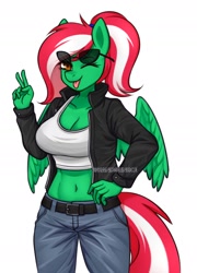 Size: 1597x2215 | Tagged: safe, artist:handgunboi, imported from derpibooru, oc, oc only, oc:spring wind, anthro, pegasus, ;p, belly button, belt, breasts, cleavage, clothes, commission, female, jacket, midriff, one eye closed, open clothes, open jacket, pants, peace sign, pegasus oc, simple background, solo, sunglasses, tongue out, white background