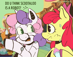 Size: 4096x3184 | Tagged: safe, artist:gay_smilesss, imported from derpibooru, apple bloom, sweetie belle, earth pony, pony, robot, robot pony, unicorn, friendship is witchcraft, cutie mark crusaders, dialogue, duo, eye clipping through hair, female, filly, foal, food, gynoid, high res, hypocrisy, hypocritical humor, ice cream, oblivious, open mouth, sugarcube corner, sweat, sweatdrop, sweetie bot