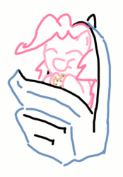 Size: 452x650 | Tagged: safe, artist:purblehoers, imported from derpibooru, pinkie pie, earth pony, pony, animated, backpack, cheek bulge, chewing, cookie, eating, eyes closed, female, food, gif, mare, ms paint, munching, simple background, smiling, solo, white background, zipper