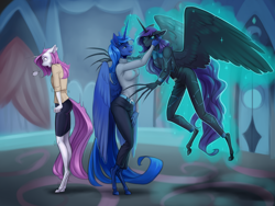 Size: 3000x2252 | Tagged: safe, artist:darkcat613, imported from derpibooru, fleur-de-lis, nightmare moon, princess luna, alicorn, anthro, unguligrade anthro, unicorn, fall of equestria, aftermath, angry, ears back, fear, female, glowing, glowing horn, horn, luna's room, magic, mother and child, mother and daughter, rise of equestria, scared, shivering, telekinesis, trio