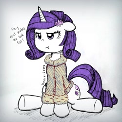 Size: 2364x2364 | Tagged: safe, artist:core-ridor, imported from derpibooru, rarity, pony, unicorn, clothes, coat, hairpin, high res, pouting, sitting, solo, traditional art