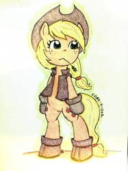 Size: 1966x2622 | Tagged: safe, artist:core-ridor, imported from derpibooru, applejack, earth pony, pony, bipedal, boots, clothes, shoes, solo, straw in mouth, traditional art, vest