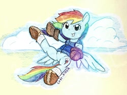 Size: 2622x1967 | Tagged: safe, artist:core-ridor, imported from derpibooru, rainbow dash, pegasus, pony, boots, flying, grin, looking at you, shoes, smiling, solo, traditional art