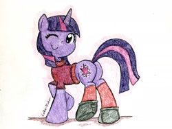 Size: 1937x1453 | Tagged: safe, artist:core-ridor, imported from derpibooru, twilight sparkle, pony, unicorn, butt, clothes, one eye closed, plot, shoes, solo, sweater, traditional art, unicorn twilight, wink