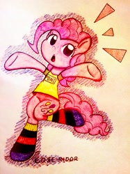 Size: 1823x2431 | Tagged: safe, artist:core-ridor, imported from derpibooru, pinkie pie, earth pony, pony, bipedal, clothes, open mouth, running, shirt, socks, solo, striped socks, t-shirt, traditional art