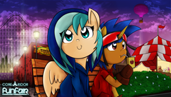 Size: 4444x2500 | Tagged: safe, artist:core-ridor, imported from derpibooru, oc, oc only, oc:jumper blink, oc:sapphire breeze, pegasus, pony, unicorn, :t, amusement park, bench, clothes, duo, high res, hoodie, juice, juice box