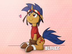 Size: 1600x1200 | Tagged: safe, artist:core-ridor, imported from derpibooru, oc, oc only, oc:jumper blink, pony, unicorn, abstract background, boots, clothes, goggles, heart, shoes, sitting, smiling, solo