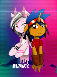 Size: 1500x2000 | Tagged: safe, artist:core-ridor, imported from derpibooru, oc, oc only, oc:jumper blink, pegasus, pony, unicorn, abstract background, bust, clothes, duo, horns, one eye closed, smiling, wink