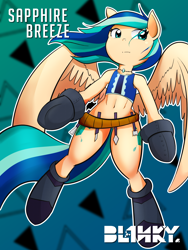 Size: 3000x4000 | Tagged: safe, artist:bl1nky, artist:core-ridor, imported from derpibooru, oc, oc only, oc:sapphire breeze, pegasus, semi-anthro, abstract background, belt, boots, clothes, female, high res, outline, shoes, solo, tanktop, watermark