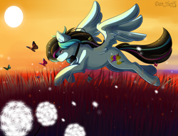 Size: 2080x1600 | Tagged: safe, artist:yuris, imported from derpibooru, oc, oc:rosalina skies, butterfly, insect, pegasus, pony, butt, commission, dandelion, field, pegasus oc, plot, solo, sun, sunset, ych result