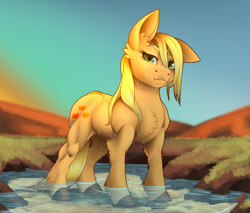 Size: 1920x1636 | Tagged: safe, artist:tillie-tmb, imported from derpibooru, applejack, earth pony, pony, anatomically incorrect, applejacked, female, floppy ears, looking at you, looking down, looking down at you, mare, muscles, muscular female, one ear down, outdoors, pond, scenery, sky, solo, stupid sexy applejack, water, wet, wet mane