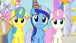 Size: 1920x1080 | Tagged: safe, imported from derpibooru, screencap, lemon hearts, minuette, twinkleshine, pony, unicorn, amending fences, season 5, 1080p, female, hat, implied moondancer, mare, party hat, smiling, trio, trio female