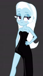 Size: 3000x5337 | Tagged: safe, artist:sarahthefox97, imported from derpibooru, trixie, human, equestria girls, eyebrows, female, gray background, hand on hip, lidded eyes, simple background, smiling, solo